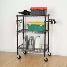 Black 3-tier wire rolling cart with stacked bins and bottles on wire shelves, side handle