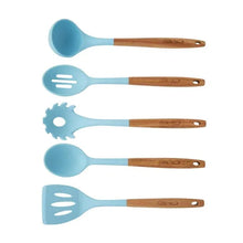 Blue silicone kitchen utensil assortment with acacia wood handles