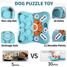 Blue dog puzzle toy base with orange divider, bone knobs, and paw-print access holes