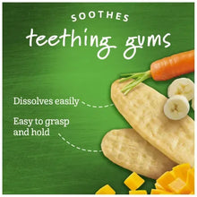Organic teething wafers with carrot and banana illustrations on package panel