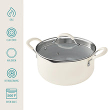 Beige ceramic nonstick cookware pot with lid and side handles
