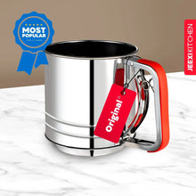 3-cup stainless steel sifter with red handle and metal frame