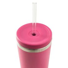 Bright pink tumbler lid with drinking opening and clear straw