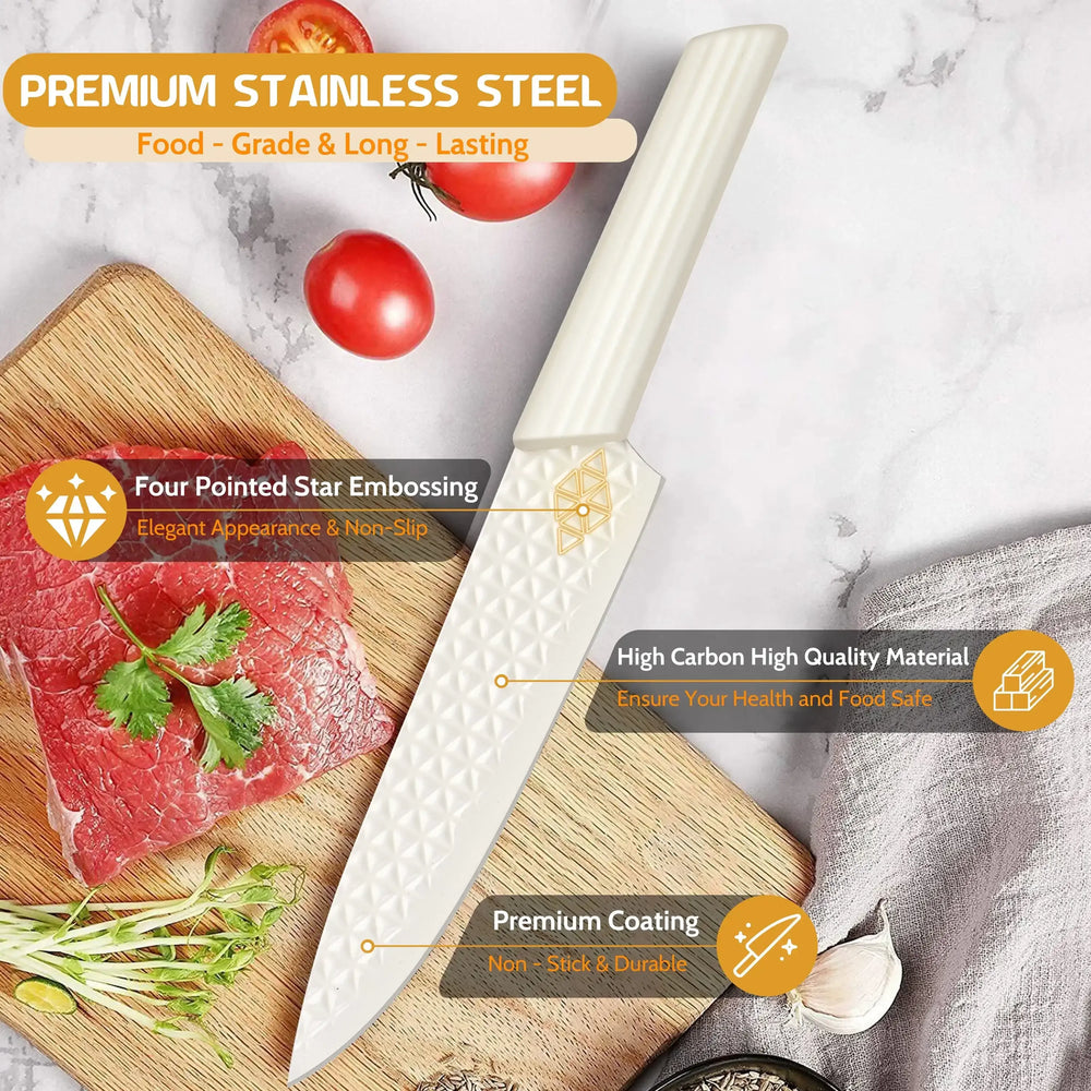 Joyfair Kitchen Knife Set, 7 Pcs Stainless Steel White Knives Block Set for Chef, Super Sharp Professional Knife Set with Universal Knife Block for Home Restaurant, Non-Stick & Anti-Rust - USA MEGA SHOP