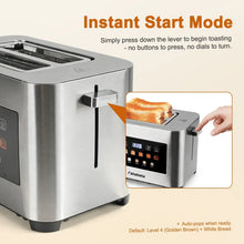 Stainless steel toaster with top lever and wide slot opening for quick toasting