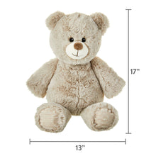 Tan bear plush sitting, height shown by measurement lines, 17 in