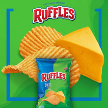 Ruffles Queso chip bag with illustrated cheese and cheese-colored chips