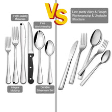 Stainless steel cutlery set shown with black-handled knives and forks