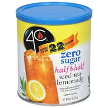 Zero sugar iced tea-lemonade mix canister with blue lid and yellow front label
