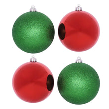 Four red and green glitter Christmas ball ornaments with silver caps, set of four