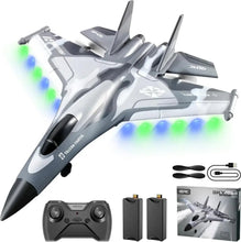 Grey camo RC jet aircraft with landing gear and twin wing stabilizers
