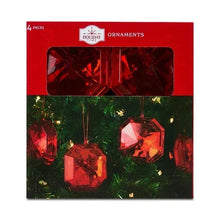 Holiday ornament box showing four red faceted square gem ornaments