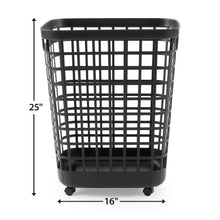 Black rolling laundry hamper size view, open top with caster wheels
