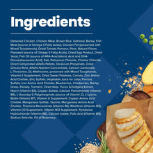 Blue Buffalo puppy dry dog food ingredients list panel with food and herb accents