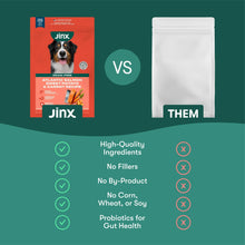Dog food comparison graphic showing red Jinx bag and white pouch
