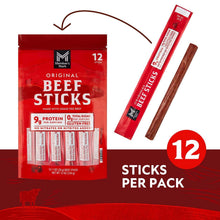 Original beef sticks 12-count pack, red pouch with individual sticks displayed.