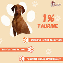 Chicken jerky dog treats with brown dog posing beside paw icon graphics