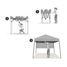 Instant canopy tent being assembled, open frame with blue roof cover