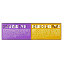 Dog food pouch back panel with filet mignon and grilled chicken ingredient panels