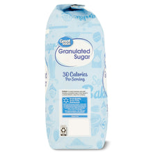 Granulated sugar bag with Great Value logo and “30 Calories Per Serving”