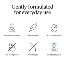 Neutrogena Hydro Boost cleanser formula icons: fragrance-free, dyes-free, dermatologist-tested