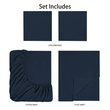 Navy microfiber sheet set: fitted sheet, flat sheet, and 2 pillowcases