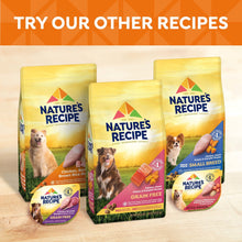 Assorted Nature's Recipe grain-free dog food bags with multiple recipe varieties
