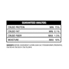 Dog treat nutrition panel on red packaging for chicken twist sticks