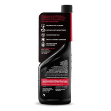 Fuel system cleaner bottle, black with back text panel and red highlights