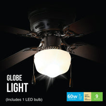 Indoor ceiling fan with frosted globe light and dark brown/black blade set