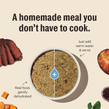 Wholemade dog food bowl and recipe graphic: add warm water and serve