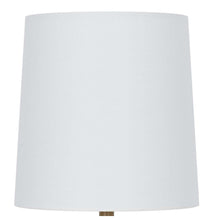 White fabric drum lamp shade with brown rope base and stem