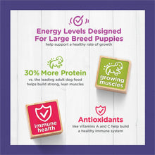 Large breed puppy formula dog food bag panel with 30% more protein badge