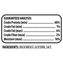 Guaranteed analysis and ingredients panel on a duck jerky dog treats pouch