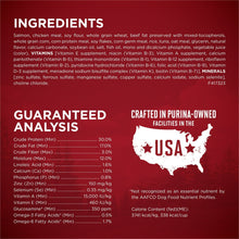Dry dog food ingredients and guaranteed analysis chart, crafted in Purina-owned USA