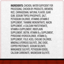 Wet dog food label ingredients: chicken, water, chicken by-products, rice, carrageenan