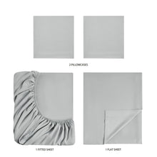 Light gray microfiber bedding set: two pillowcases, fitted sheet, flat sheet