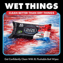 DUDE Wipes XL flushable wipes bag with 48 wipes, “WET THINGS” promo panel