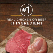 Real chicken or beef #1 ingredient meat pieces on product label close-up