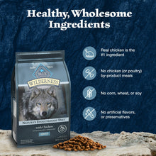Dog food pouch with wolf photo, kibble pile, and ingredient icons