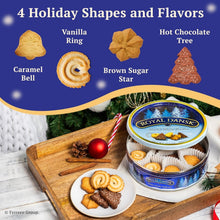 Holiday cookie tin with assorted butter cookies on a wooden serving tray