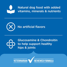 Dog food benefits panel: added vitamins and minerals, no artificial flavors