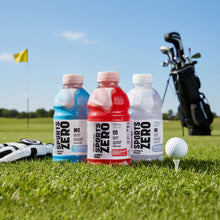 Sports Drink Zero bottles on grass, blue, red, and white bottles with Zero label