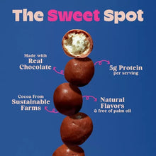 Stack of chocolate balls with Tandy Protein Noms pouch and 5g protein label