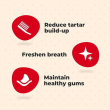 Milk-Bone brushing chews benefit icons: reduce tartar build-up, freshen breath