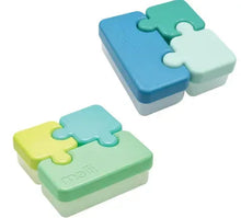 Puzzle food storage containers (2) with interlocking lids, teal and blue