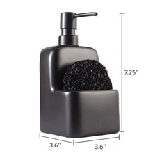 Black ceramic soap dispenser with pump and sponge holder with size outline