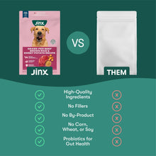 Dog food comparison graphic showing Jinx bag versus them pouch with ingredient checks.