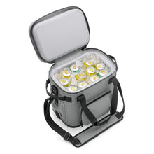 Grey cooler bag open to show space for cans and bottles inside