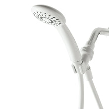 White handheld showerhead head and hose coupling, single-spray nozzles visible